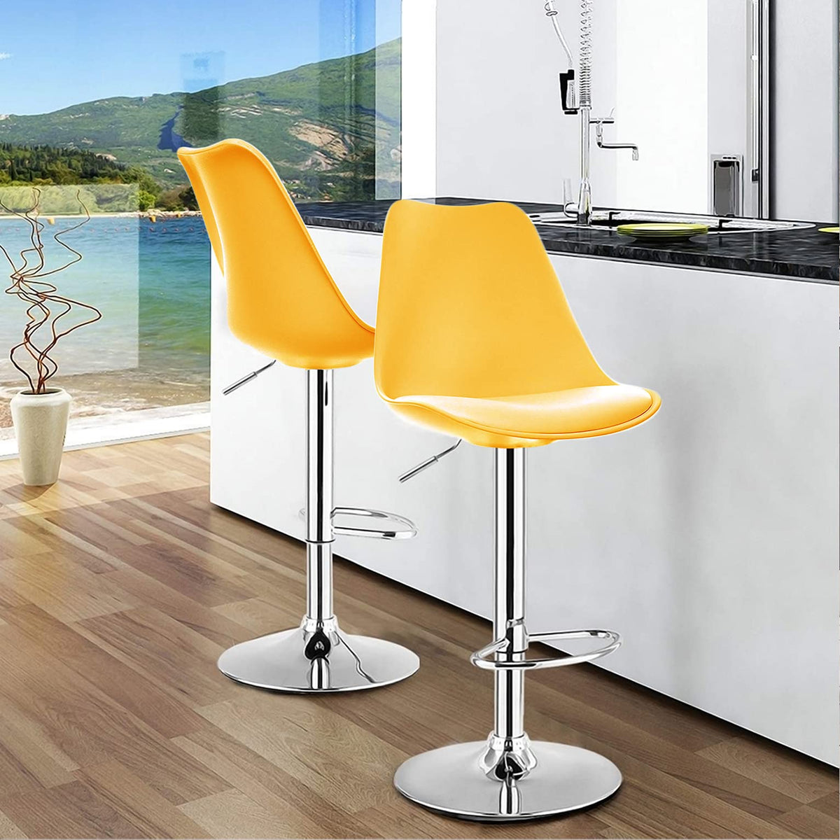 SAVYA HOME Curvy Bar Stool/Bar Stool Chair For Kitchen/Bar Chairs For Home/Kitchen Chair/Revolving Chair/Sitting Stool For Living Room/Height Adjustable Chair/Breakfast Counter Chair- Yellow(Set of 2)