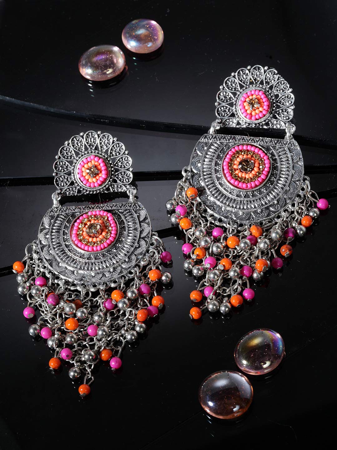 Yellow Chimes Oxidised Earrings for Women Afghani Tribal Pink Beads Oxidized Silver Traditional Chandbali Dangler Earrings for Women and Girls