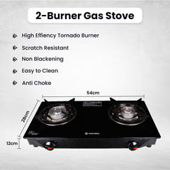 Candes Gas Stove 2 Burners Premium Die Cast Alloy Manual Tornado Burner | 6mm Toughened Glass Top | LPG Compatible & ISI Certified | 1 Yr Warranty