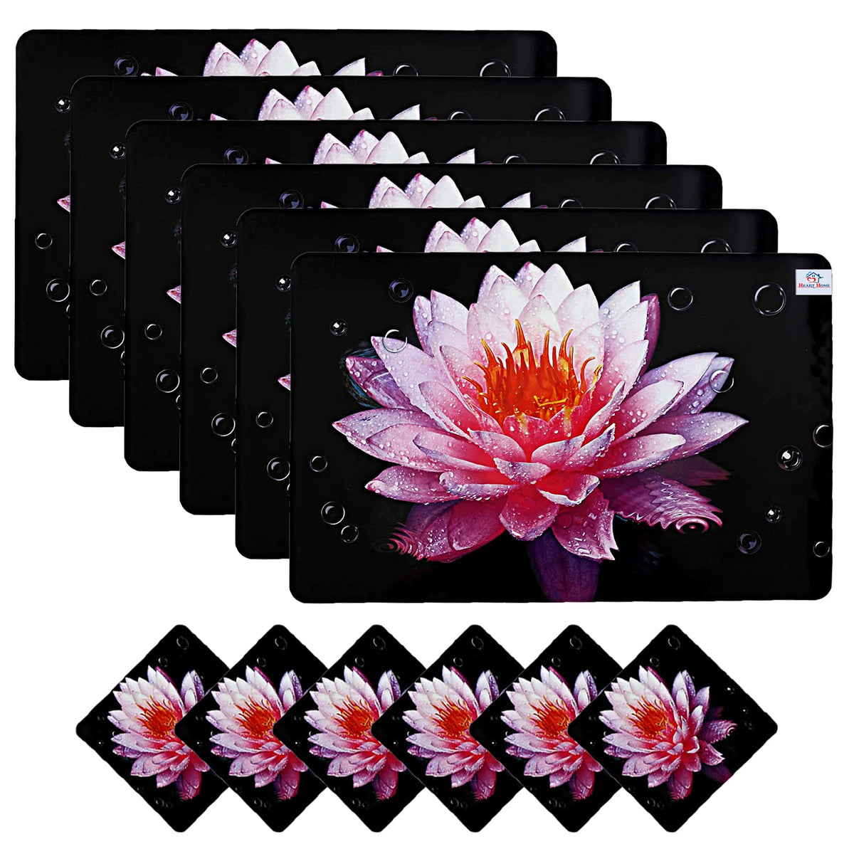 Heart Home Lotus Printed PVC Dining Table Placemats with Tea Coaster Set, Set of 12 (Black)