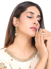 Yellow Chimes Ethnic Gold Plated combo of two pairs Kundan Studded Leaf Design Pearl Moti Jhumka and Dangler Earrings for Women and Girls, Medium (YCTJER-7KUDJUM-C-GL)