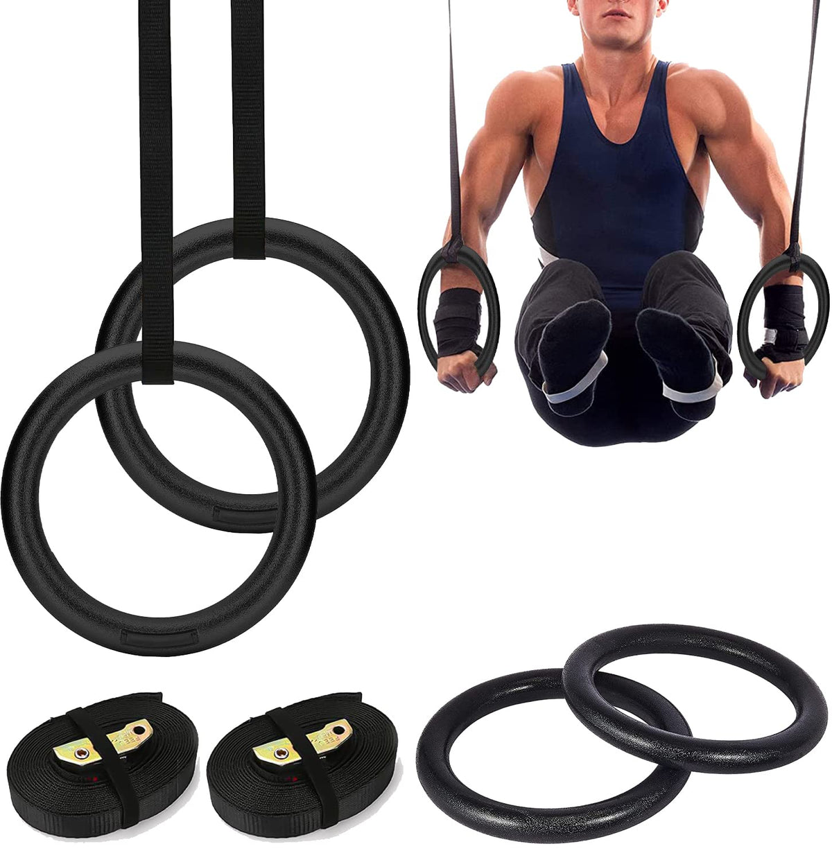 Strauss ABS Gymnastics Ring Set | Heavy Duty Adjustable Straps for Cross-fit & Strength Training | Gym Rings for Bodyweight Exercises | Ideal for Pull-Ups, Dips, and Muscle Building,(Black)