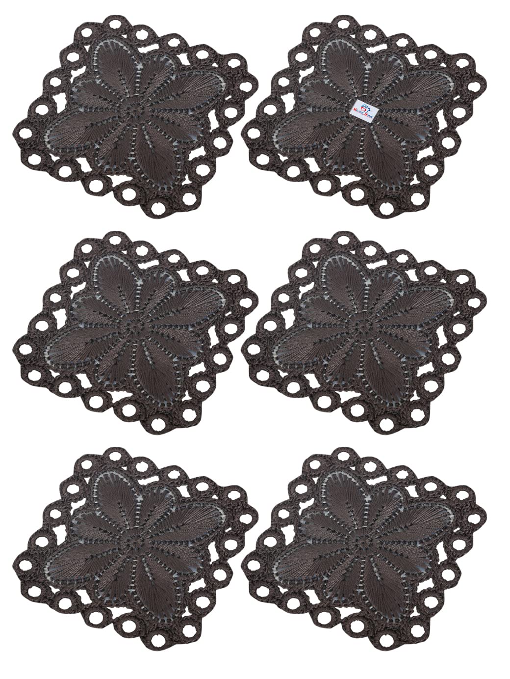 Heart Home Flower Design Handmade Square Cotton Coaster for Kinds of Mugs and Cups, Set of 6 (Brown)