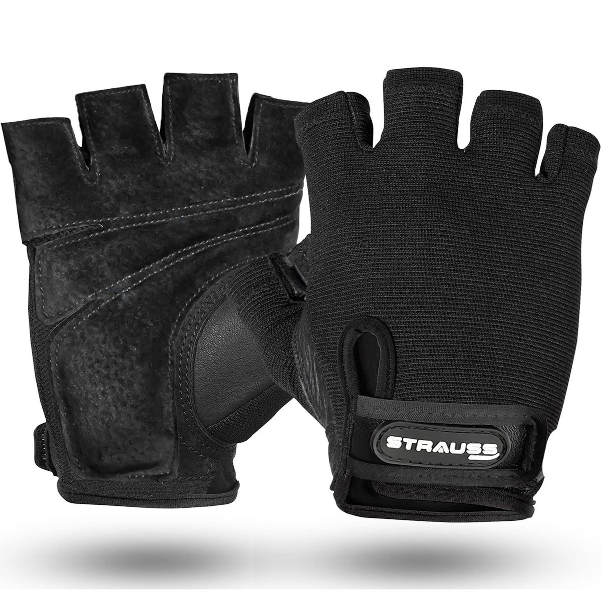 STRAUSS Stretch Back Gym Gloves with Leather Palm Medium