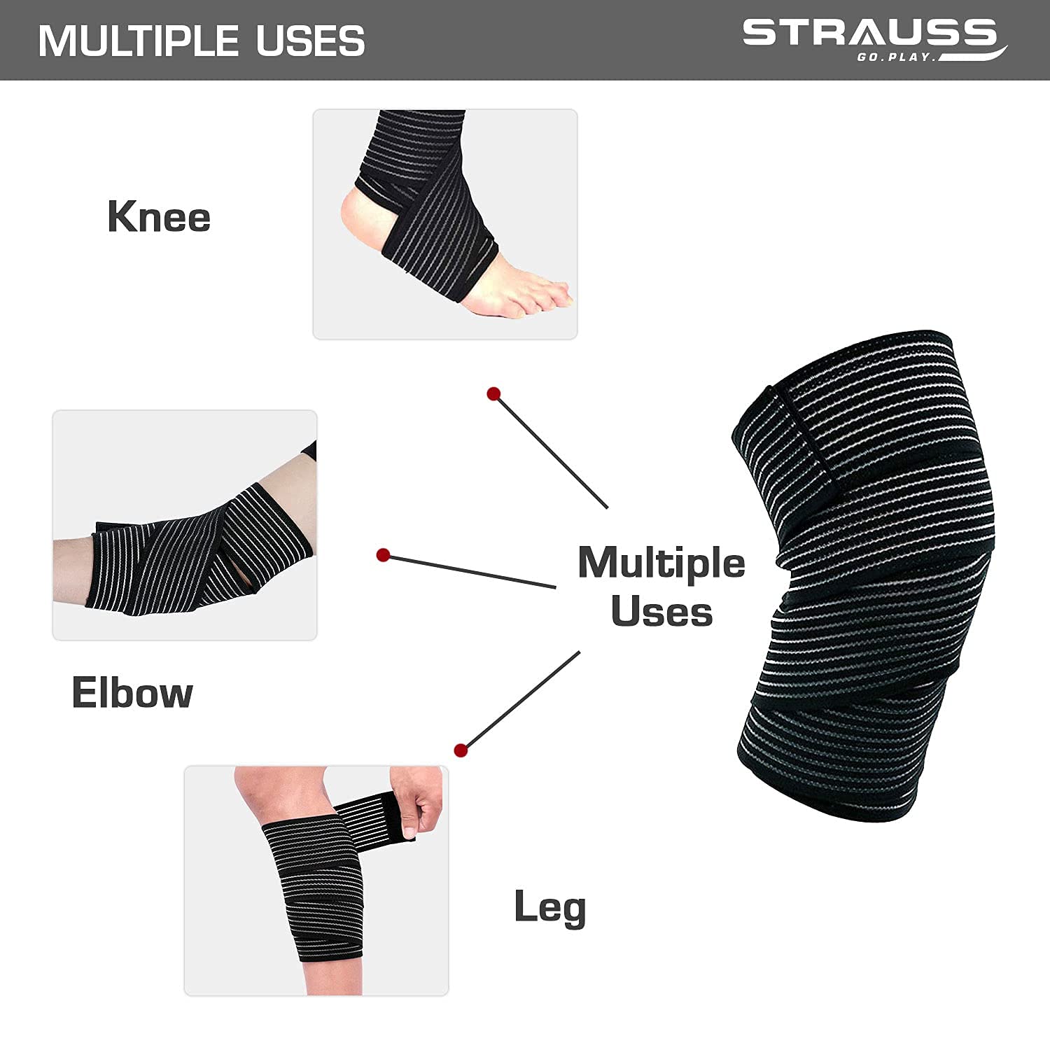 Strauss Elastic Knee Compression Bandage Wraps | Support for Ankle, Knee, Elbow Pain Relief, Sports & Workout