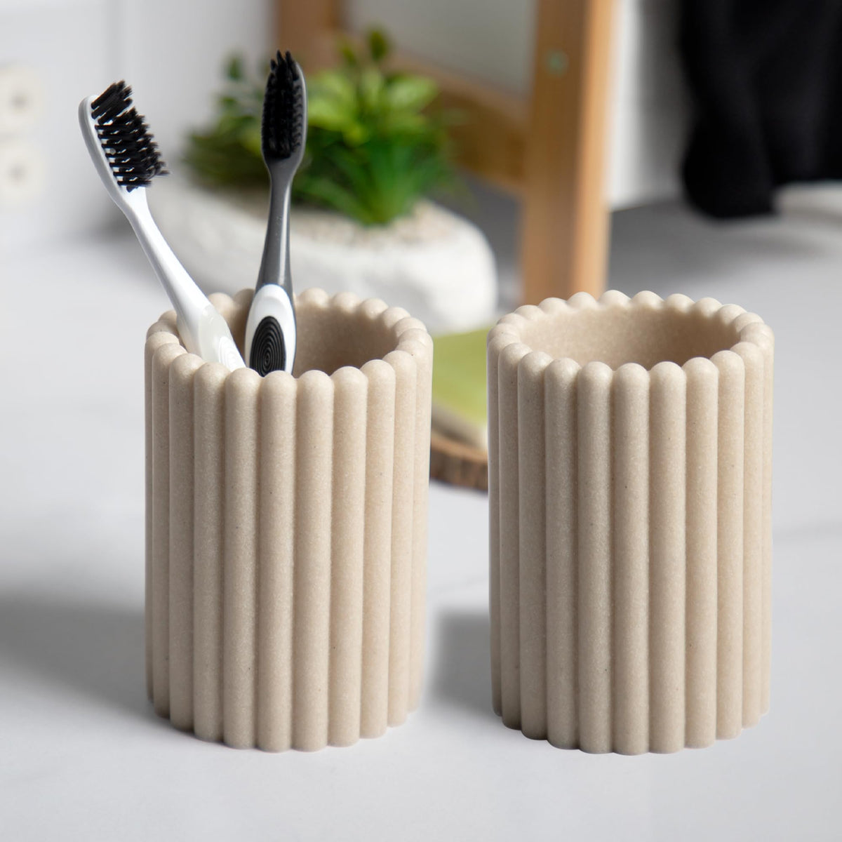 Anko Polyresin Toothbrush Holder for Bathroom | Toothpaste, Makeup Brush Holder for Bathroom | Bathroom Accessories for Wash Basin | Home, Office, Bathroom Organiser | Beige, Ribbed | Set of 2