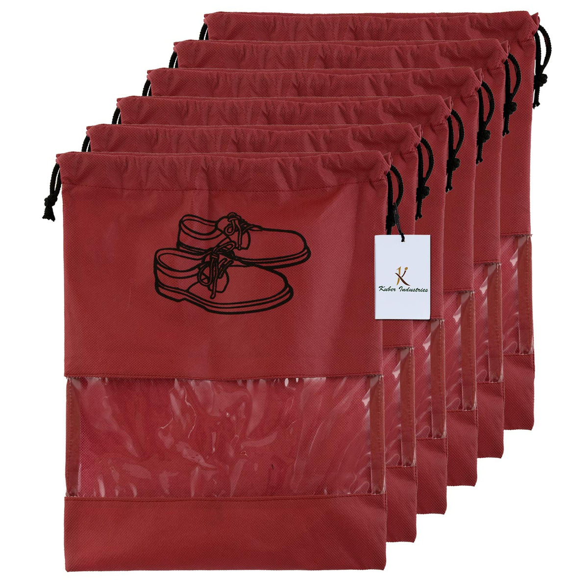 Kuber Industries Shoe Cover/String Bag Organizer|Shoe Print & Non Woven Material|Transparent Window|Size 43 x 30 Cm, Pack of 6 (Maroon)-CTMTC039494