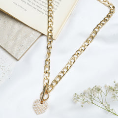 Heart Pearl Charm Gold Chain Link Necklace