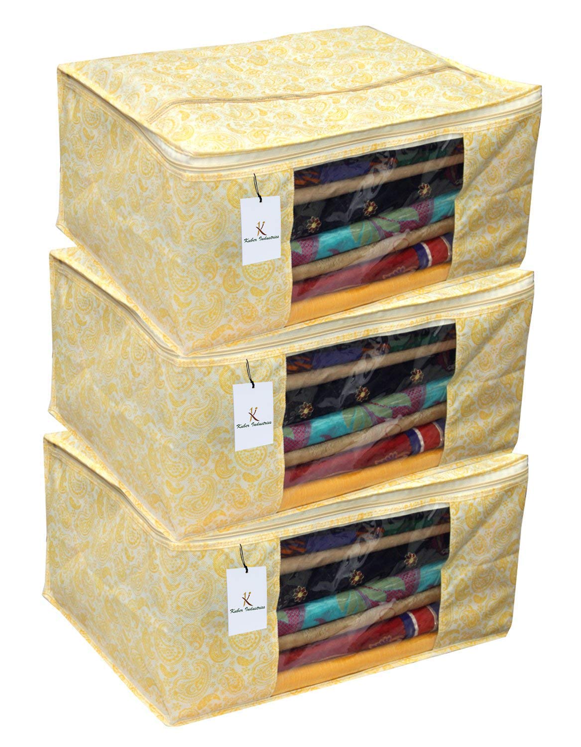 Kuber Industries Non Woven Saree Cover|Zipper Closer With Transparent Window|Size 43 x 35 x 22 CM|Pack of 3 (Gold)