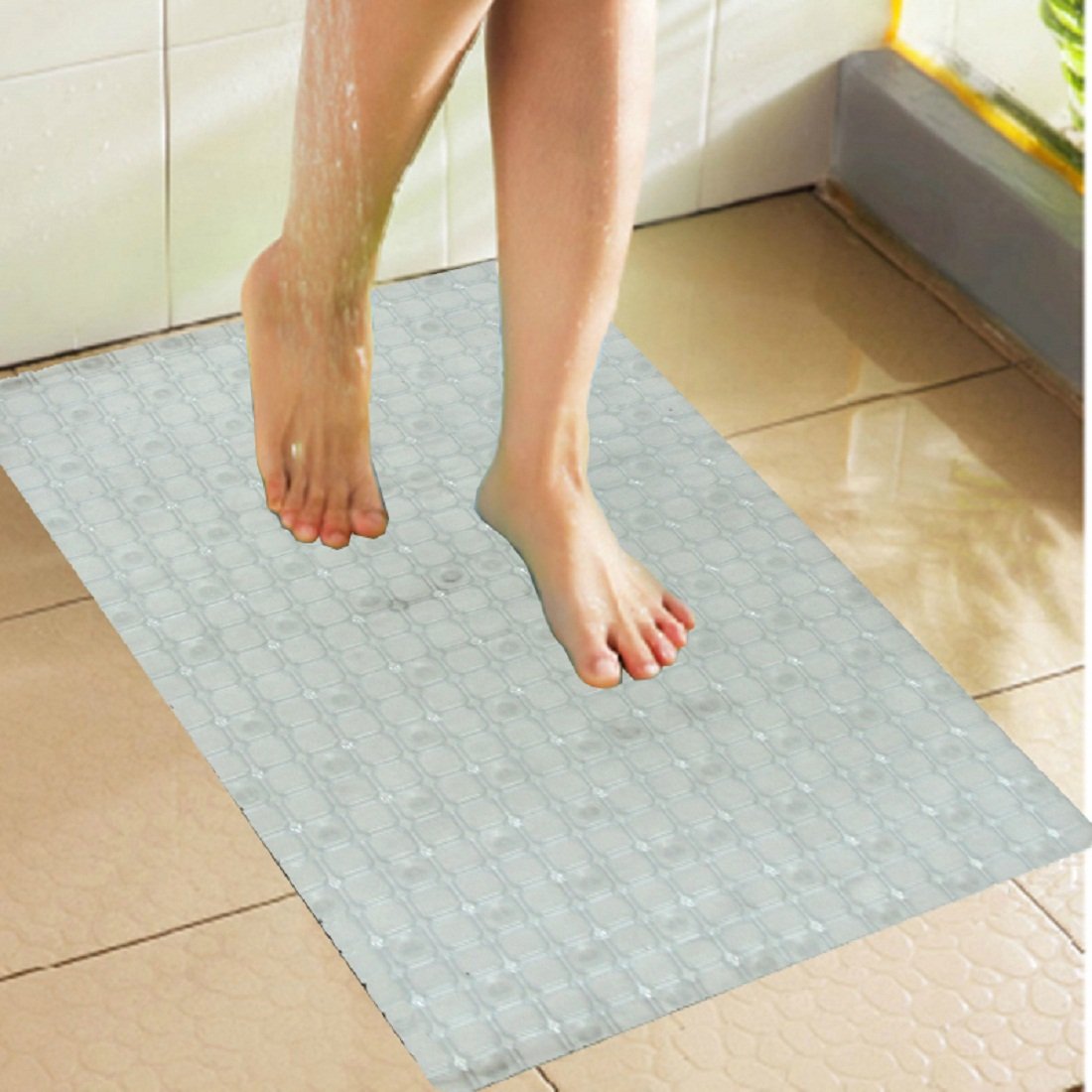 Kuber Industries Checkered PVC Bath Mat with Suction Cups - 26" x 14", White