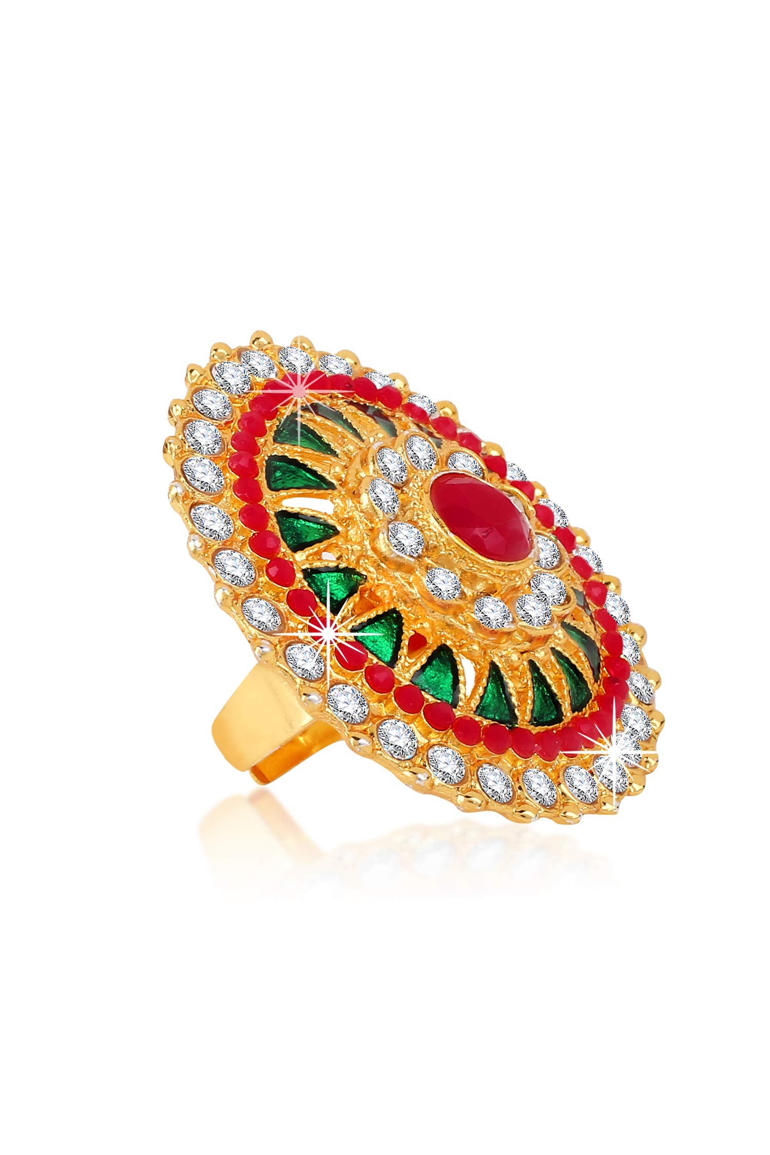 Yellow Chimes Women's Traditional Cocktail Adjustable Stone Gold Plated Stone Studded Big Floral Shaped Finger Ring Pink and Gold