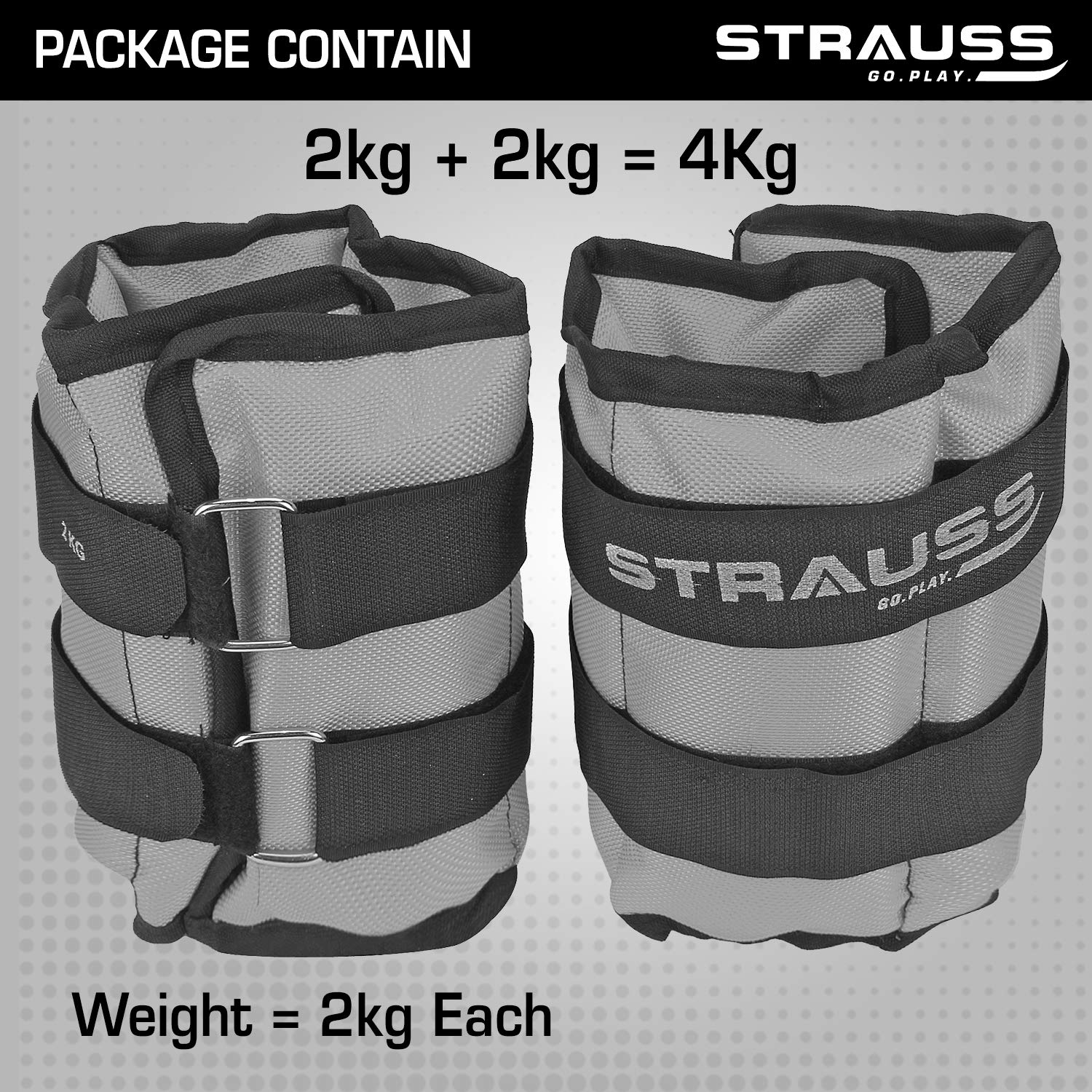 Strauss Adjustable Ankle/Wrist Weights 2 KG X 2 | Ideal for Walking, Running, Jogging, Cycling, Gym, Workout & Strength Training | Easy to Use on Ankle, Wrist, Leg, (Grey)