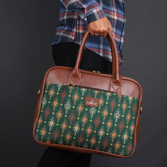THE CLOWNFISH Deborah series 15.6 inch Laptop Bag For Women Printed Handicraft Fabric & Faux Leather Office Bag Briefcase Messenger Sling Handbag Business Bag (Green)