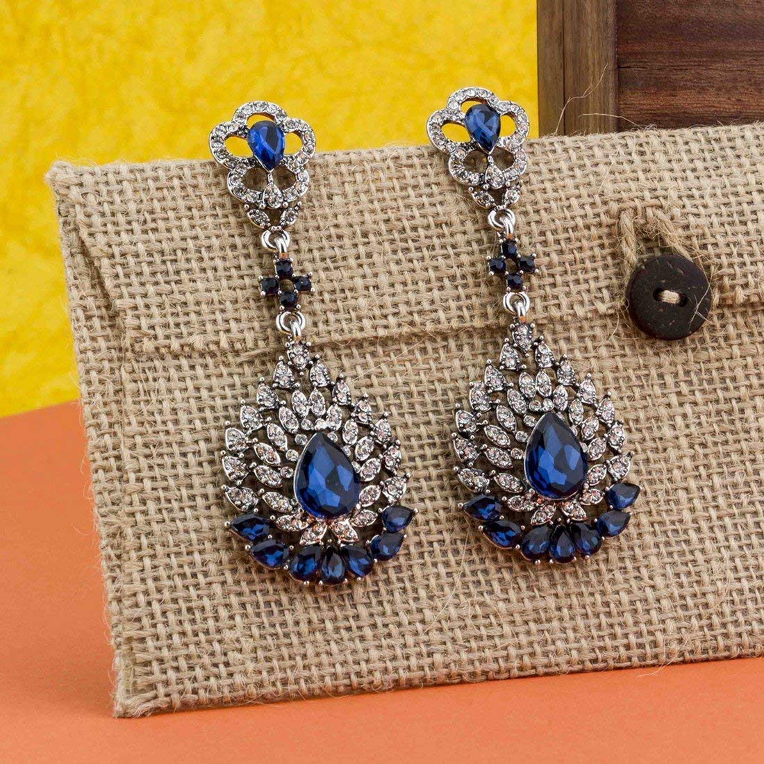 Yellow Chimes Blue Silver Plated Base Metal Crystal Elements Fresh-Arrival Stunning Floral Design Drop Earrings For Women