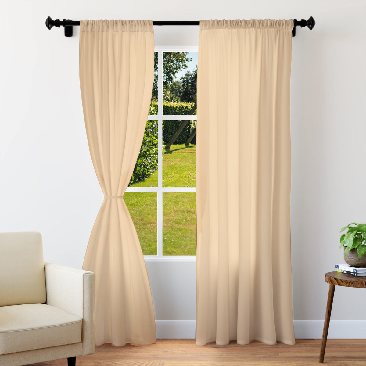 Encasa Homes Polyester Solid Curtains with Tie Back, 7 ft Door Panel Set of 2 - Beige, Rod Pocket, Light-Filtering, Curtains for Door, Bedroom, Living Room