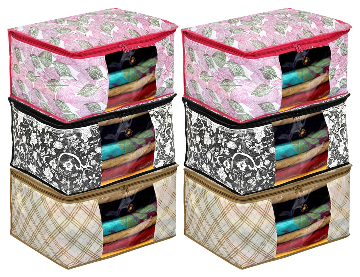 Kuber Industries Metalic Print 6 Piece Non Woven Fabric Saree Cover Set with Transparent Window, Extra Large (Ivory & Black & Pink)-KUBMART16564