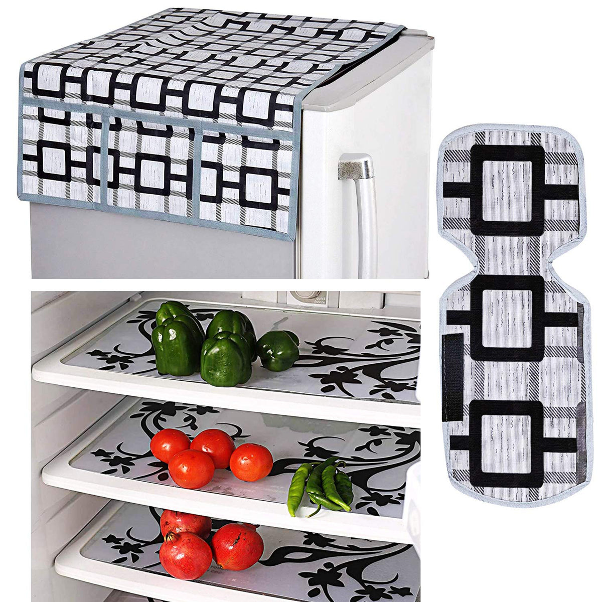 Kuber Industries Birds Design Combo of PVC 3 Pieces Fridge Mats, 1 Piece Handle Cover and 1 Piece Fridge Top Cover (Grey) - CTKTC22407