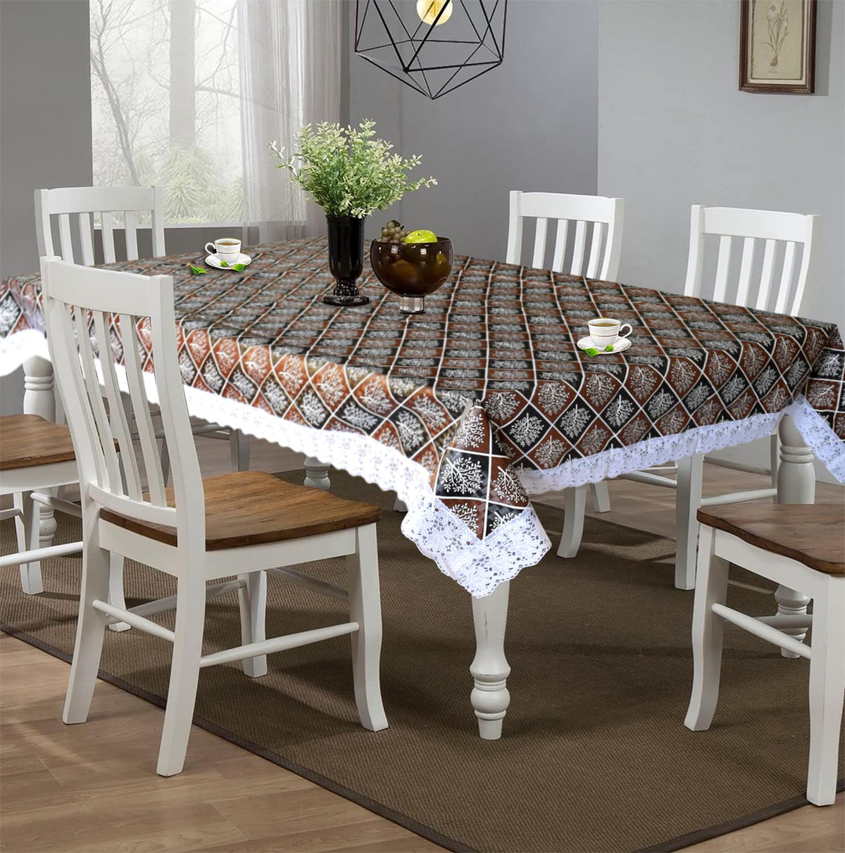 Heart Home Leaf Printed PVC 6 Seater Dinning Table Cover, Protector with White Lace Border, 60"x90" (Black & Brown)