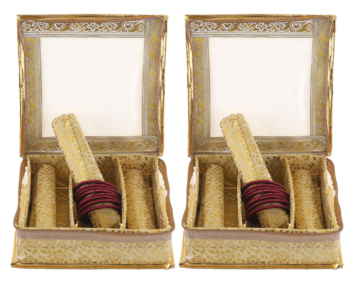Kuber Industries Brocade Hardboard 2 Pieces Three Rod Bangle Box (Gold)-CTKTC21167