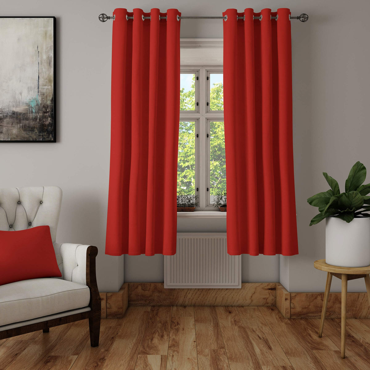 Encasa Homes Grommet Window Curtain 5 ft, Solid Dyed Cotton Panama Fabric, Light-Filtering, Curtains for Kitchen, Bedroom, Living Room (137x152 cm), Deep Red, Set of 2