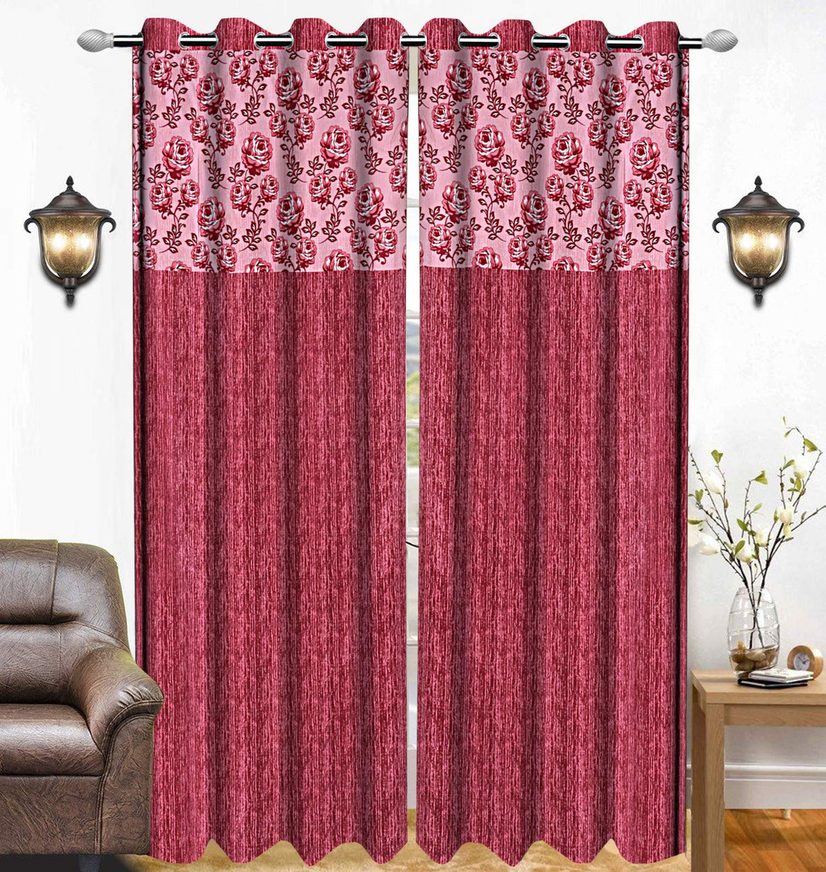 Kuber Industries Rose Design 1 Piece Polyester Eyelet Door Curtain 7 Feet (Pink)-Ctktc14160