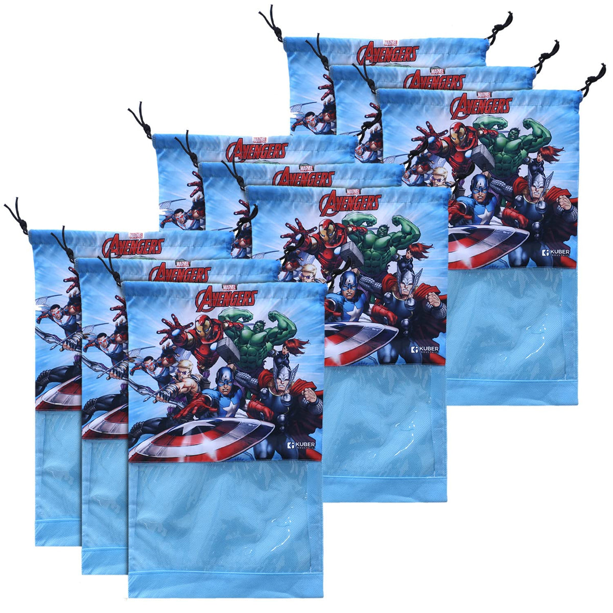 Kuber Industries Marvel Avengers Print Shoe Cover| Non-Woven Dust Proof Shoe Bag|Drawstring Sneakers Organizer & Transparent Front,Pack of 9 (Sky Blue)