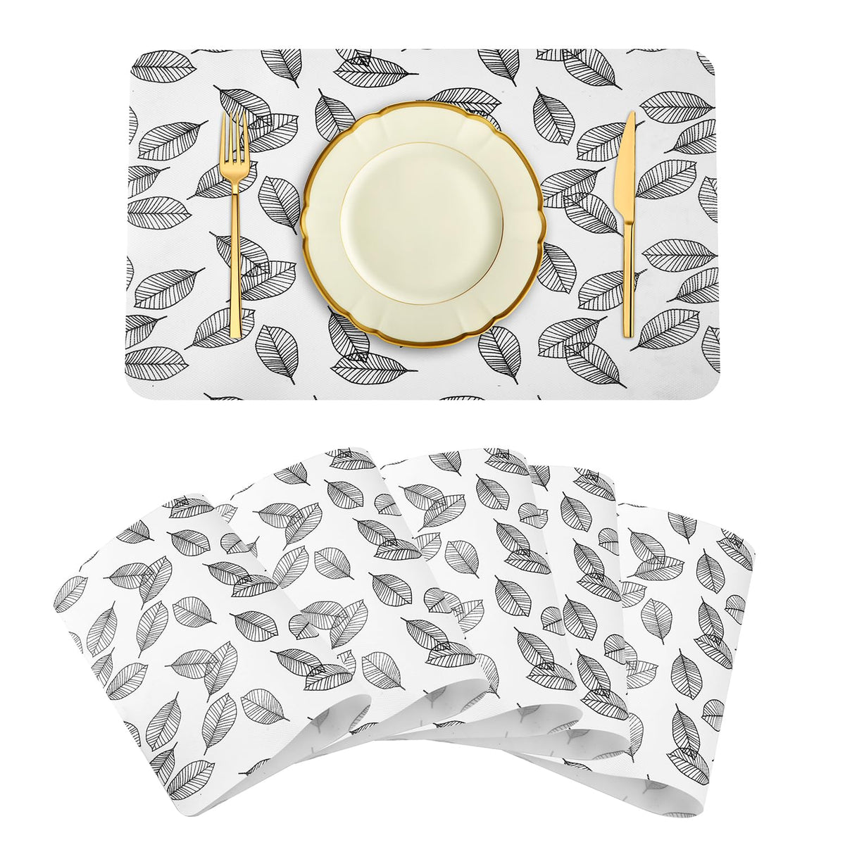 Heart Home Placemat | Placemats for Dining Room | Anti-Slip Table Mat Set | Placemats for Kitchen Table | Dining Table Placemats | Leaf-Design Placemat | 6 Piece Set | White