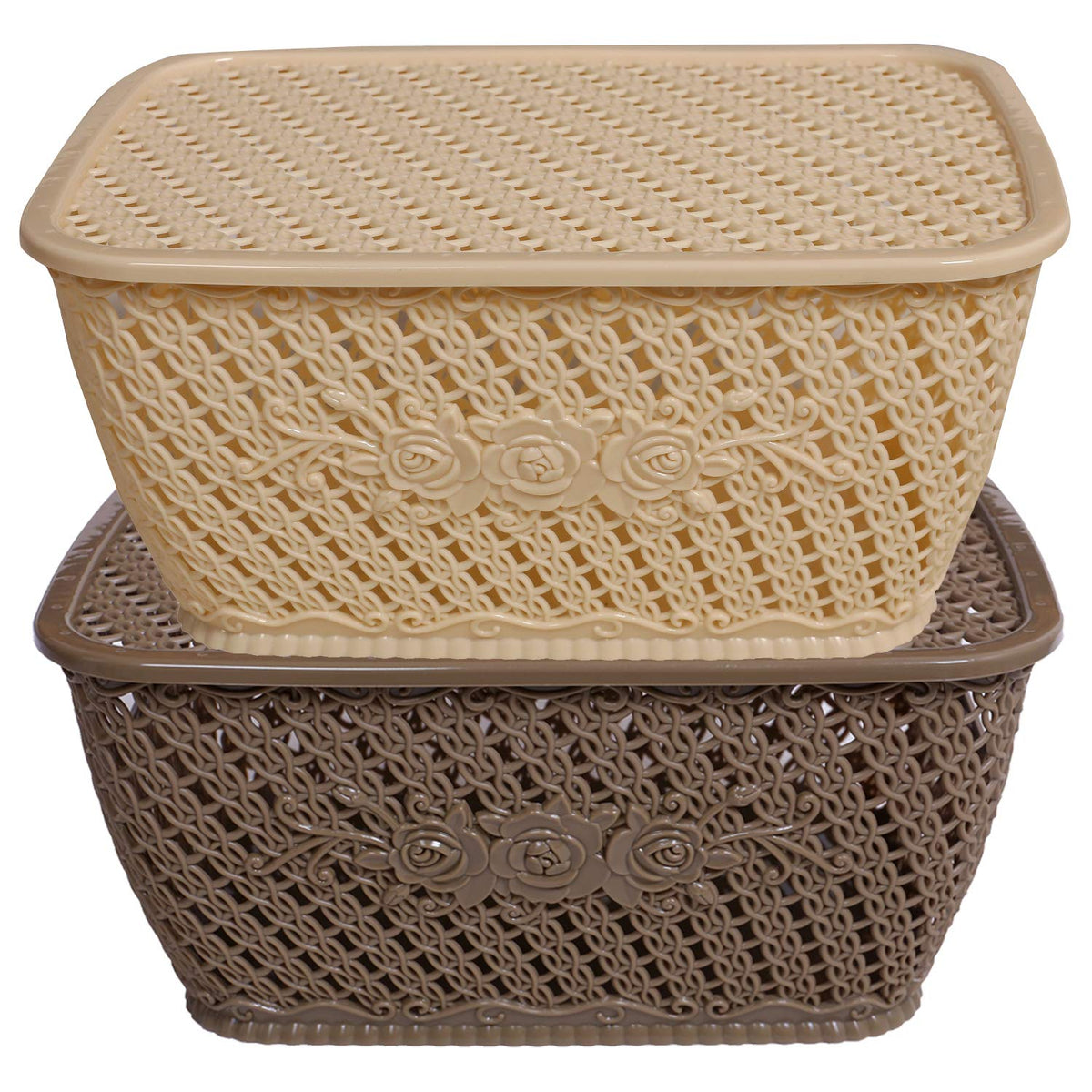 Kuber Industries Plastic 2 Pieces Medium Size Multipurpose Solitaire Storage Basket for Kitchen, Office, Bedroom, Bath Room with Lid (Coffee & Cream) CTKTC034311
