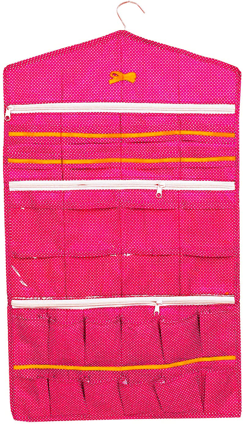 Kuber Industries Dot Printed Hanging Jewellery Organizer, Hanging Wall Pocket Storage Bag For Storing Earrings Necklace Bracelet Ring Accessory with Hanger (Pink), Standard