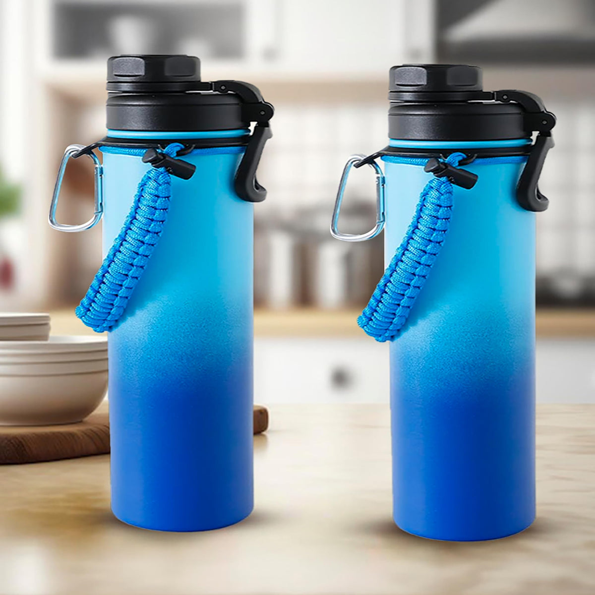 The Better Home Pack of 2 Stainless Steel Insulated Water Bottles | 1200 ml Each | Thermos Flask Attachable to Bags & Gears | 6/12 hrs hot & Cold | Water Bottle for School Office Travel | Blue-Aqua