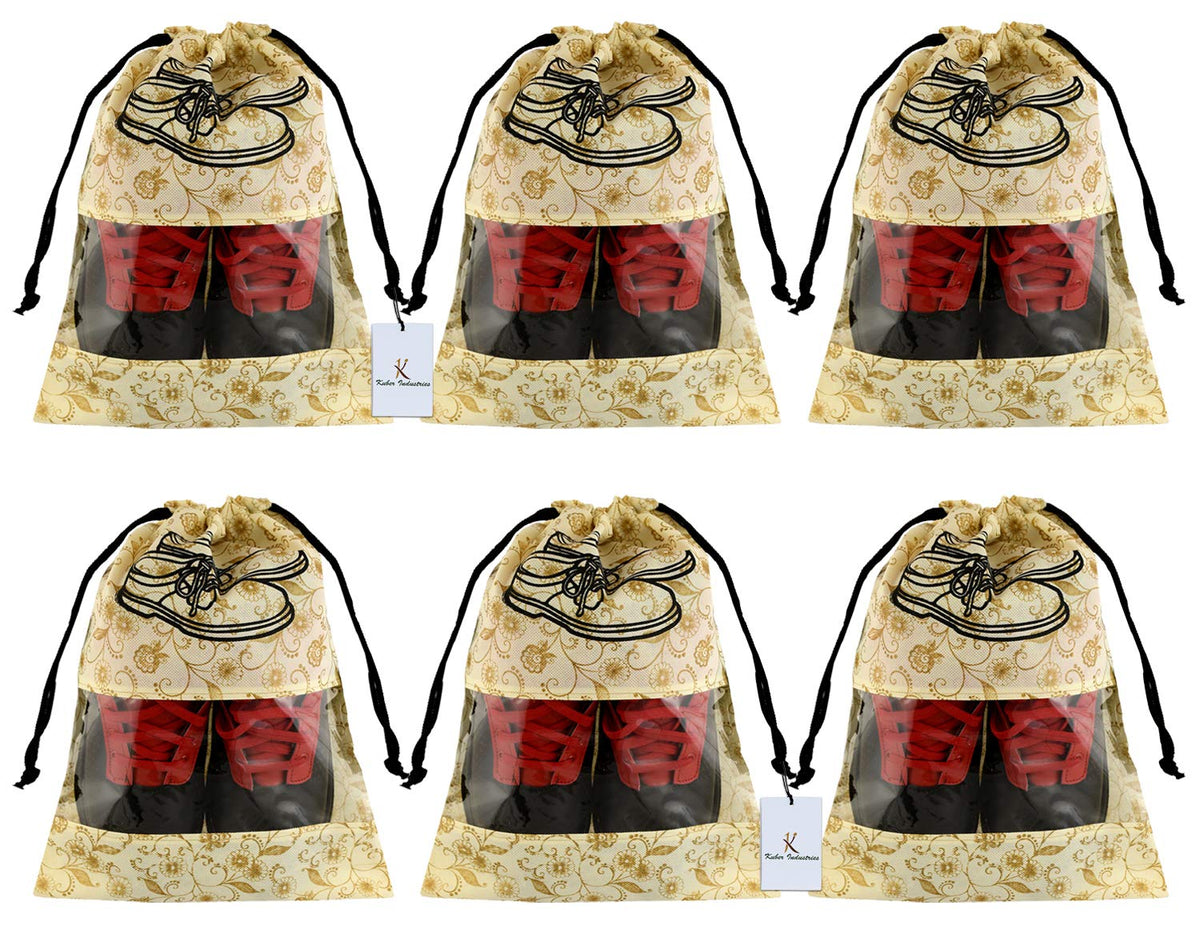 Heart Home Metallic Floral Design 6 Piece Non Woven Travel Shoe Cover, String Bag Organizer, Brown HEART5255