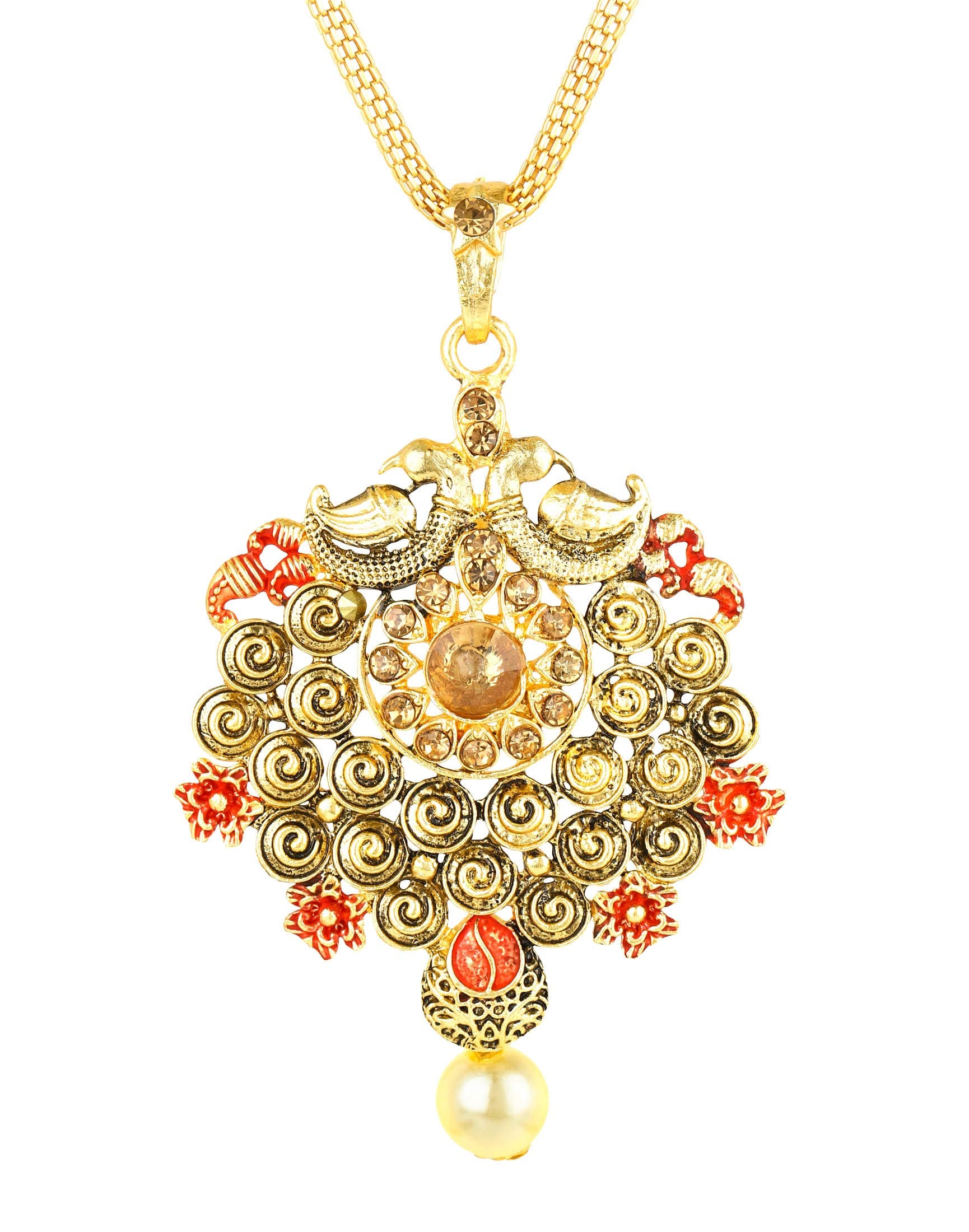 Yellow Chimes Peacock Design Kundan Studded Meenakari Work Gold Plated Jewellery Pendant Set for Women and Girls