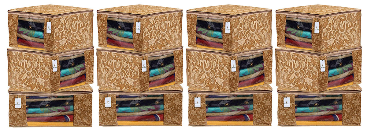 Kuber Industries Metalic Printed 12 Pieces Non Woven Fabric Saree Cover/Clothes Organiser for Wardrobe Set with Transparent Window, Extra Large (Beige)-KUBMART2793