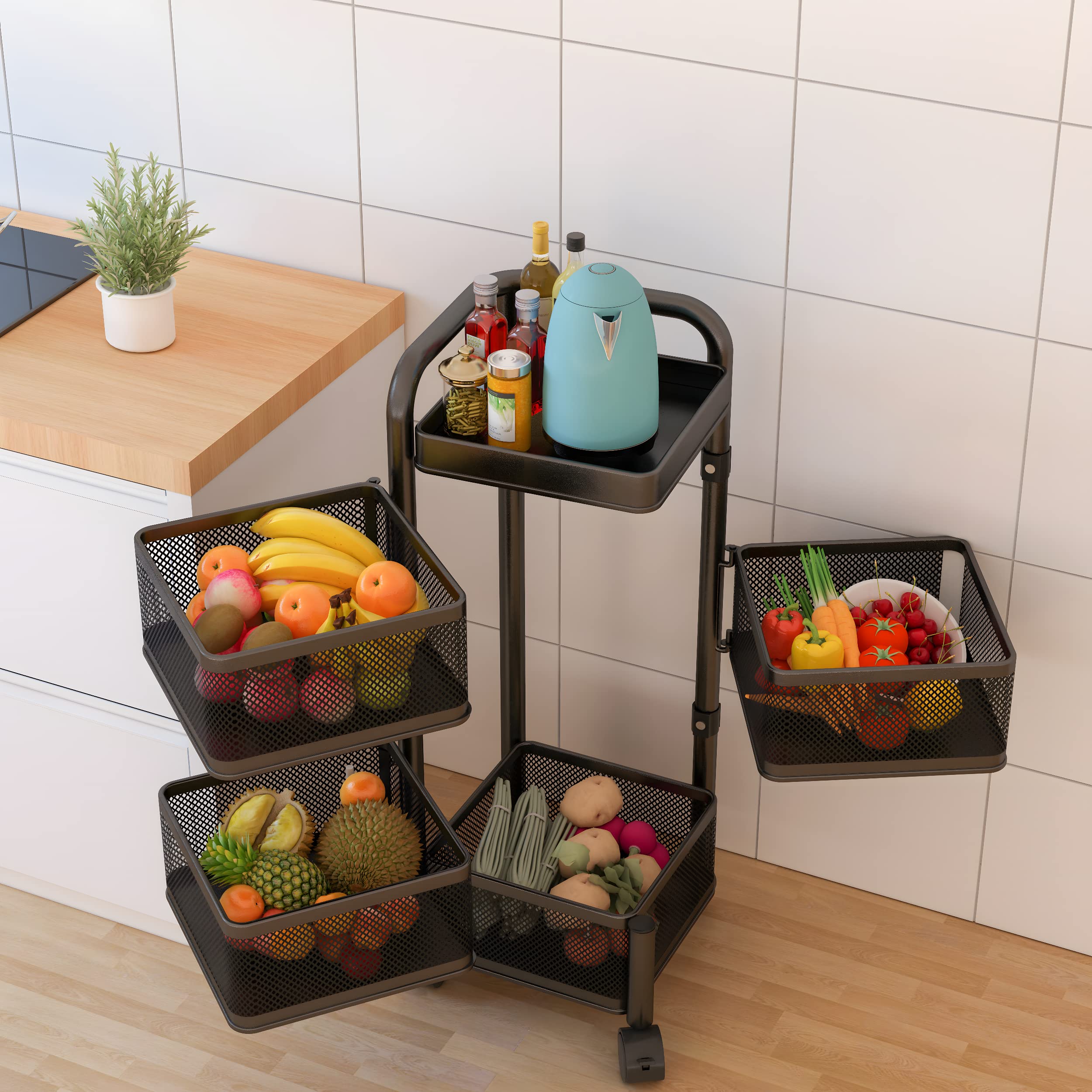 Kuber Industries 4Th Generation Square Rotating Rack|4-Layer Kitchen Trolley with 360 Rotation|Portable Storage Rack for Bathroom, Bedroom (Black)