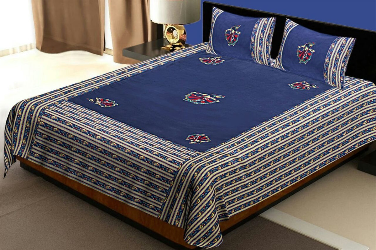 Kuber Industries Embroidery Design 144 TC Cotton Double Bedsheet with 2 Pillow Covers - King Size, Blue