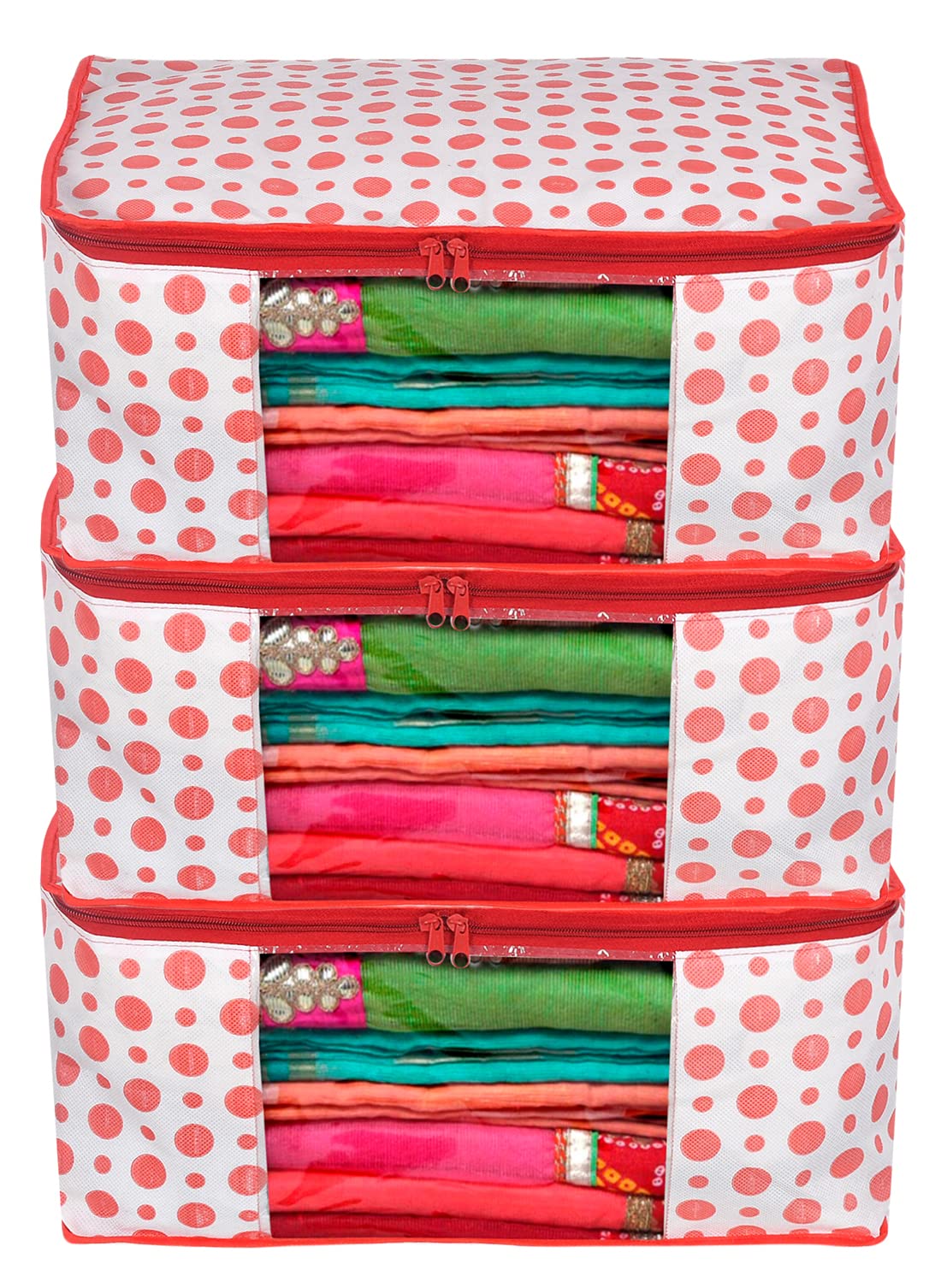 Kuber Industries Dot Printed Non-Woven Saree Cover, Cloth Organizer, Wardrobe Organiser With Tranasparent Window- Pack of 3 (Pink)-46KM0480