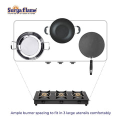 Surya Flame Lifestyle LPG Gas Stove 3 Burner Glass Top Manual Ignition | 3 Burner Gas Stove | Powder Coated Black Body | 7mm Toughened Glass Top | 2 Years Warranty