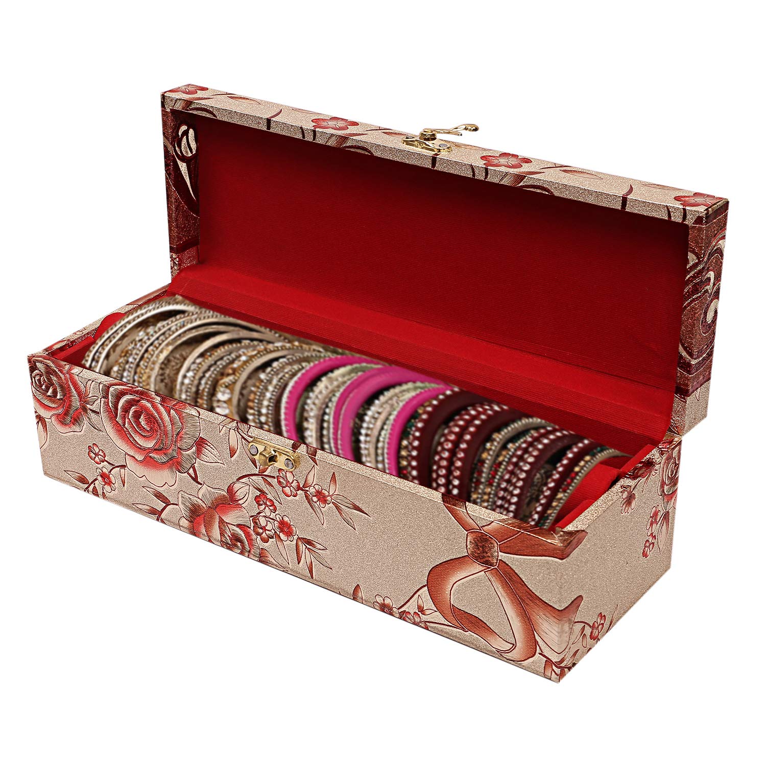 Heart Home Floral Design Wooden 1 Rod Bangle Box/Organizer For Bangle, Watches, Bracelets, Jewllery With Swing Arm Lock (Gold)-47HH0646