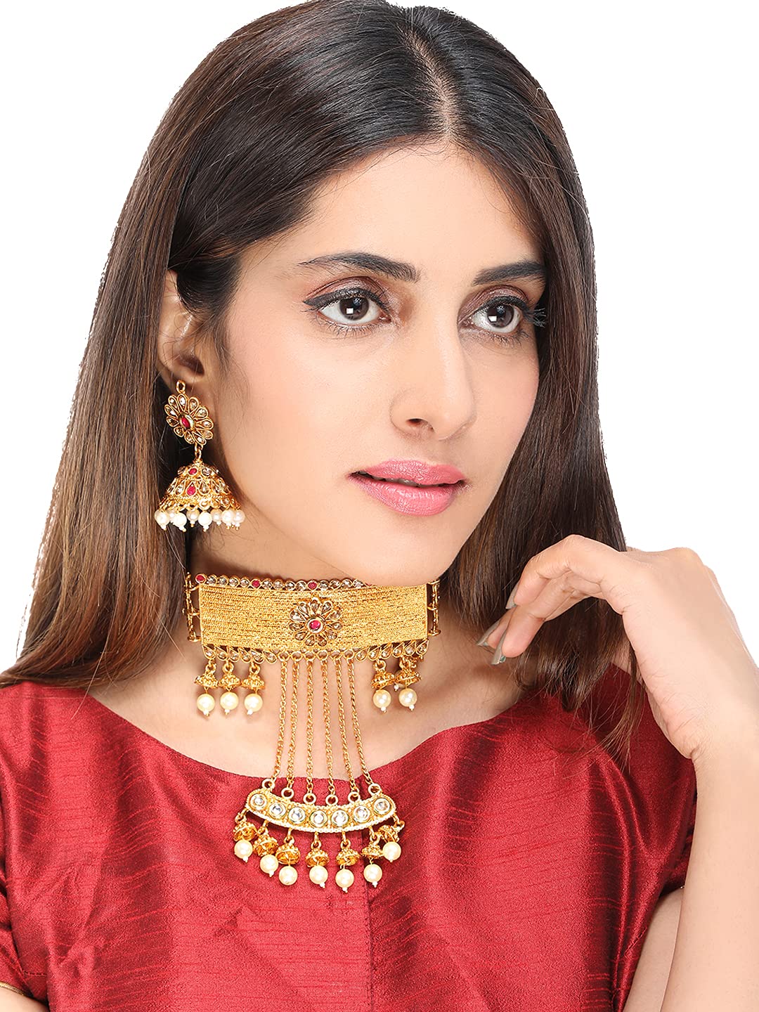 Yellow Chimes Ethnic Gold Plated Studded stones Flower Jhumka design Pearl Traditional Choker Necklace Set for Women and Girls, Medium (YCTJNS-67CKRPRL-GL)