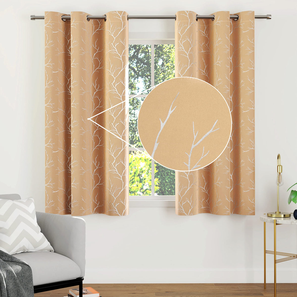 Encasa Homes Room Darkening Blackout Curtains 2 Panels Silver Foil Printed Plain Colours for Kids Bedroom, Living Room with Grommet, 85% Light Blocking, Sound & Heat Reducing, 6 ft -Twigs Beige
