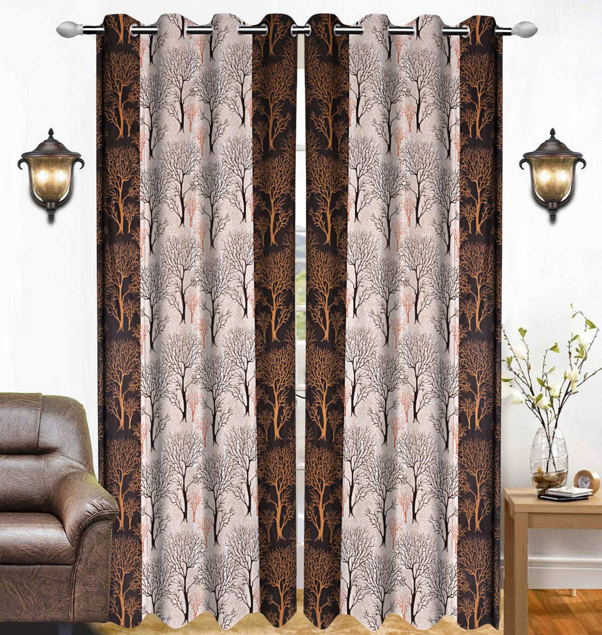 Kuber Industries Tree Design 1 Piece Polyester Eyelet Door Curtain 7 Feet (Brown)-Ctktc14170
