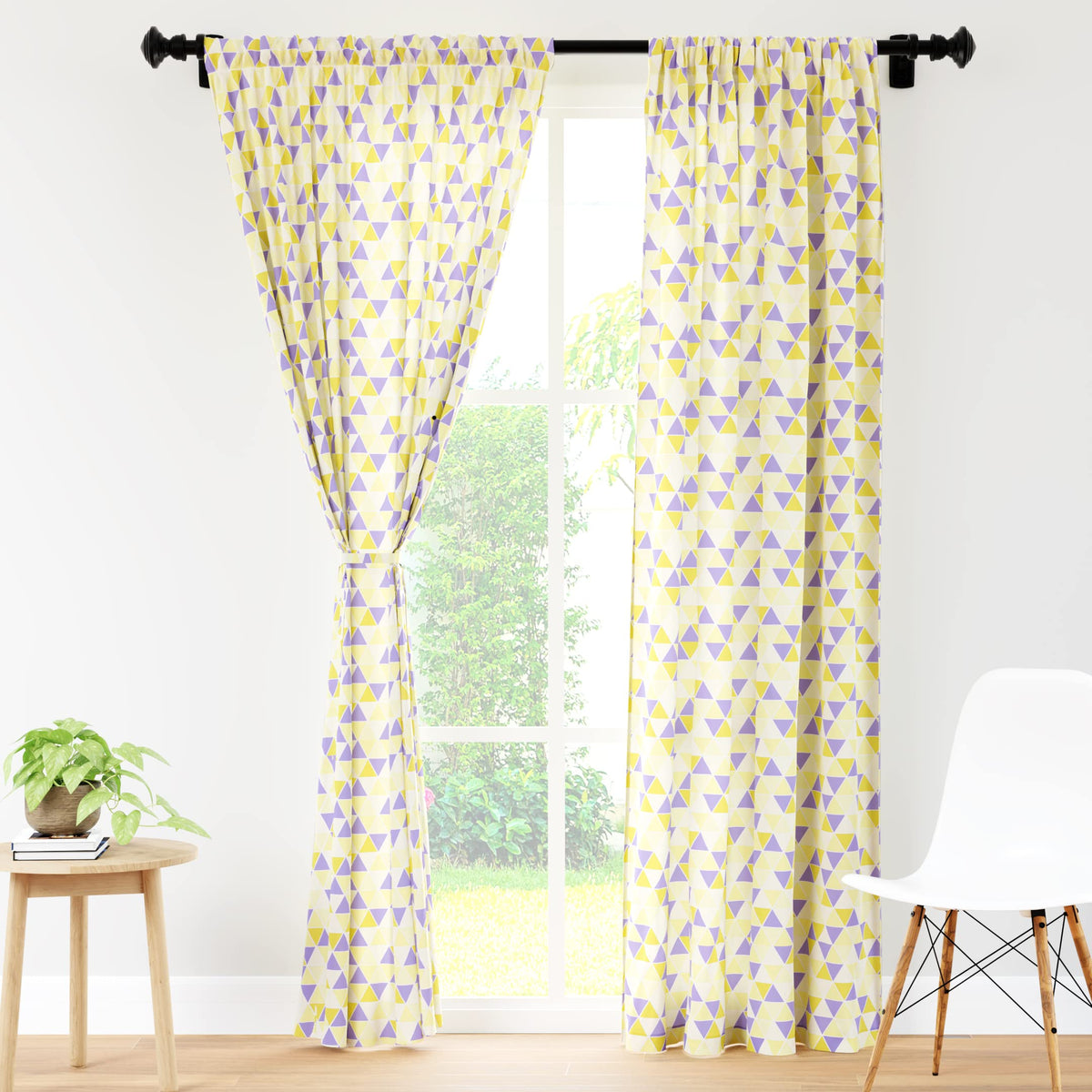 Encasa Window Curtain 7 ft Set of 2, Polyester Printed with Rod Pocket, Tie Back, Light-Filtering, Semi Sheer/Transparent Curtains- Kitchen, Bedroom, Living Room (140x213 cm), Triangles Lime