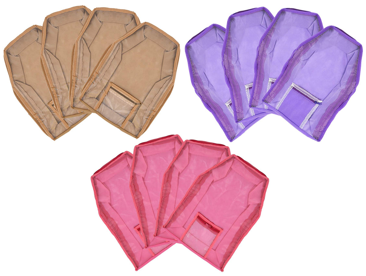 Kuber Industries 12 Piece Non Woven Blouse Cover with Front Transparent Window with Attached Pocket Set (Brown & Purple & Pink)