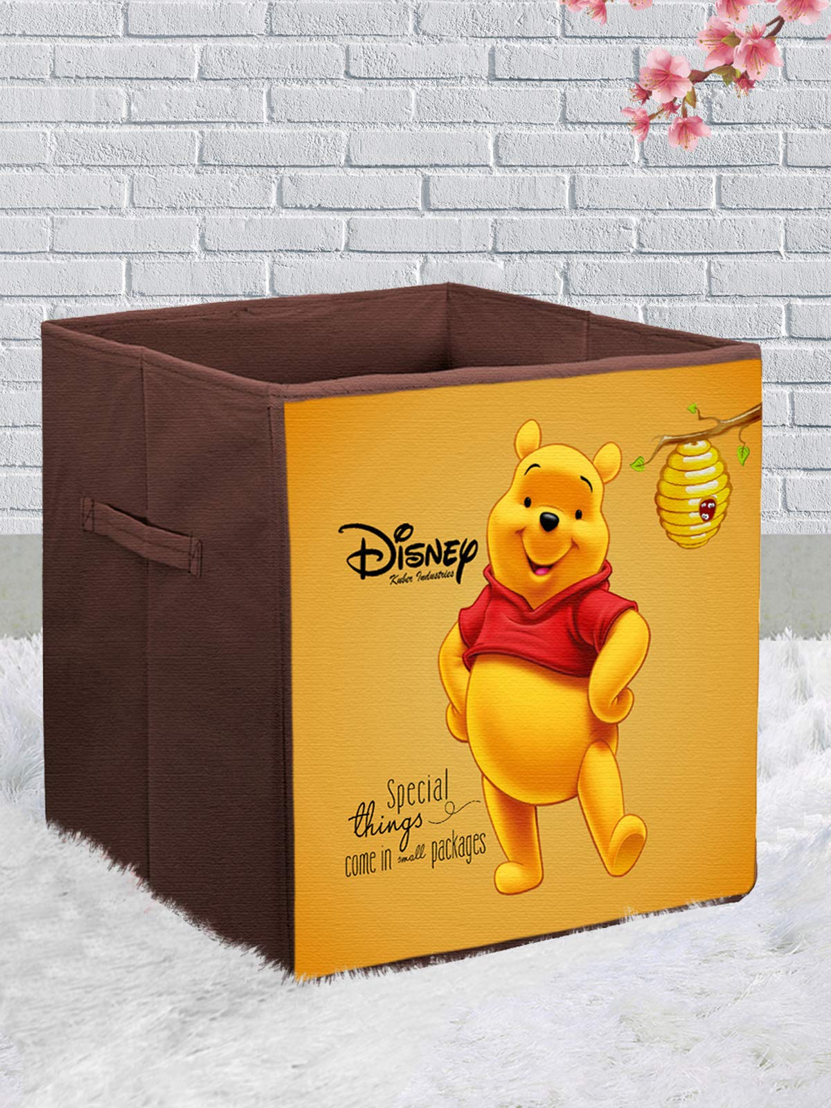 Kuber Industries Disney Winnie-The-Pooh Print Non Woven Fabric Square Foldable Wardrobe Organizer Cube Cloth Cover Storage Box with Handle (Large Size, Brown)