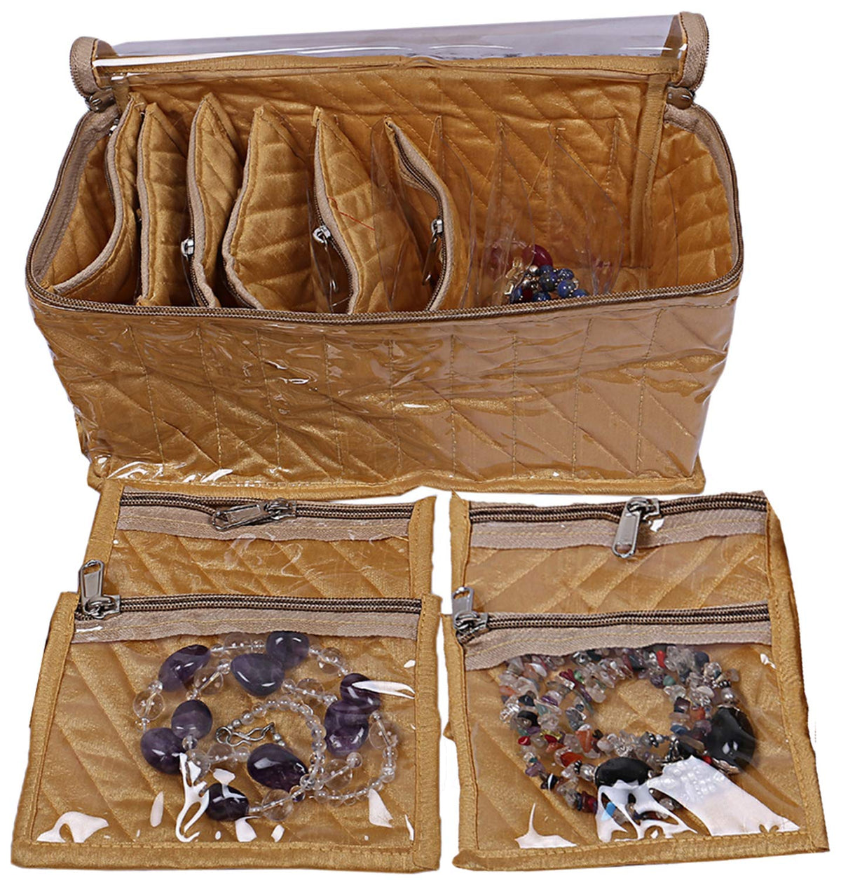 Kuber Industries Silk 1 Piece 10 Pouch Jewellery Kit (Gold),CTKTLUG698