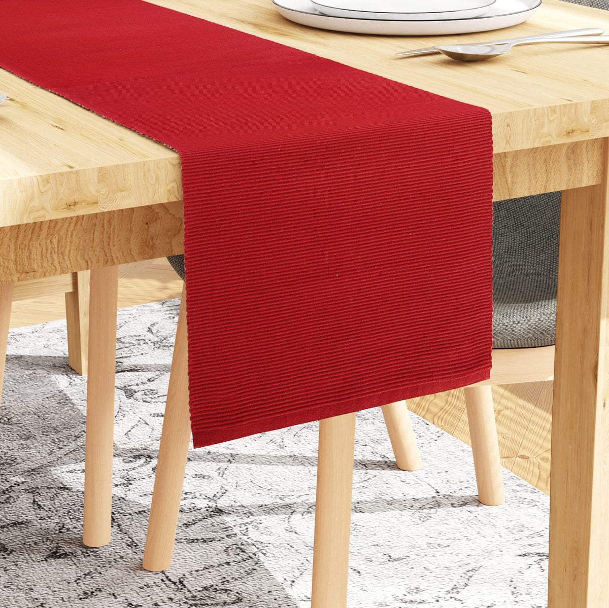 Encasa Homes Table Runner for 8 Seater Dining - Solid Red | Fine Ribbed Cotton | Size 32x250 cm | Decorative Cloth for Home, Cafes, Restaurants & Hotels - Machine Washable