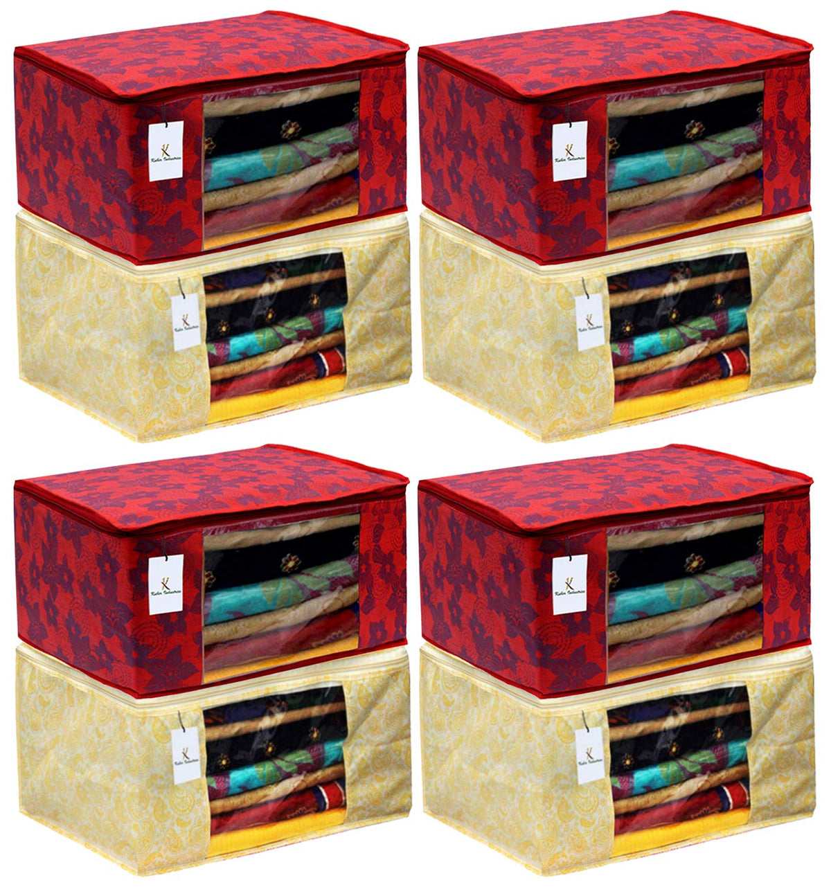 Kuber Industries Metalic Printed 8 Piece Non Woven Fabric Saree Cover Set with Transparent Window, Extra Large, Gold & Red -CTKTC40925