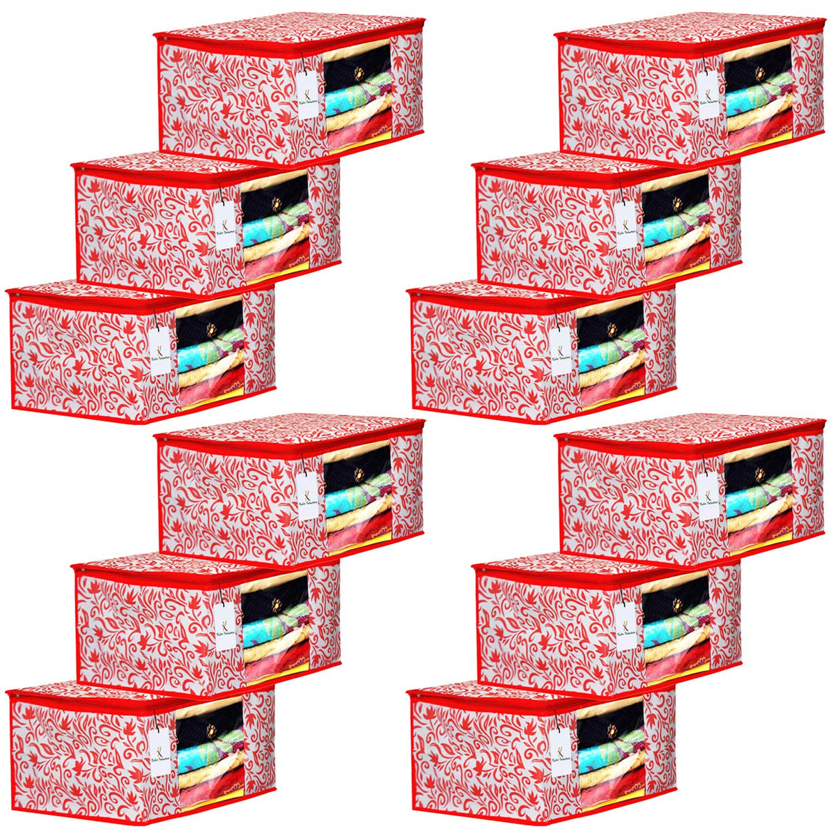 Kuber Industries Leaf Design 3 Piece Non Woven Fabric Saree Cover Set with Transparent Window, Extra Large, Red- CTKTC031916