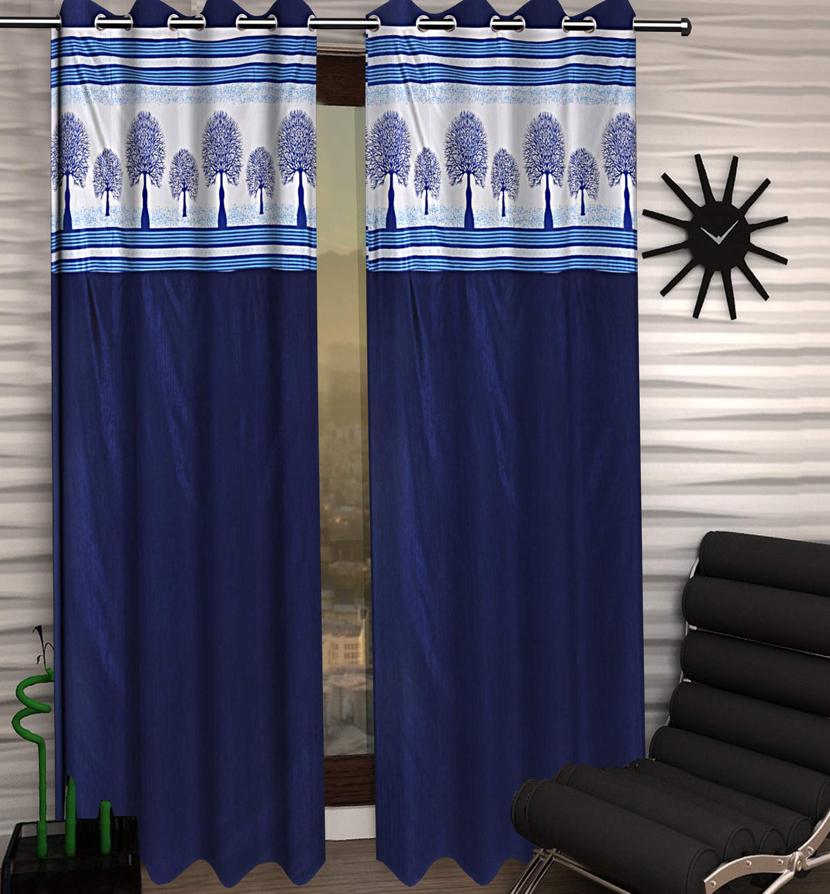 Kuber Industries Tree Design 2 Pieces Polyester Eyelet Door Curtain 7 Feet (Blue)-Ctktc30152