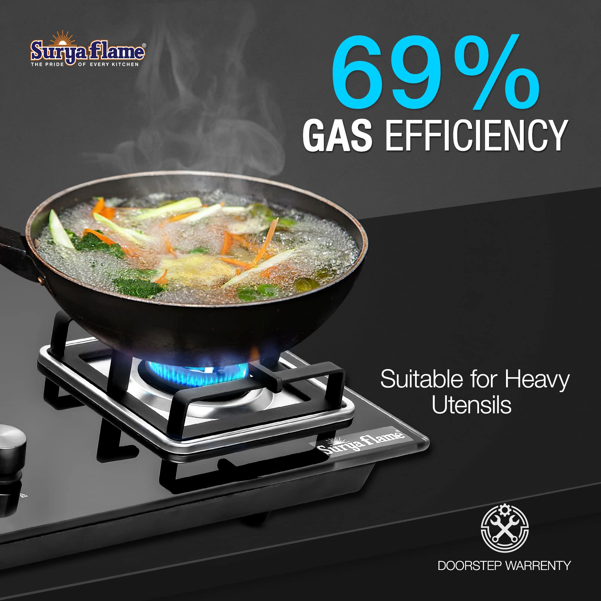 Surya Flame ADORE 4 Burner Glass Top, Black Body LPG Stove with 69% Thermal Efficiency - 2 Years Complete Doorstep Warranty